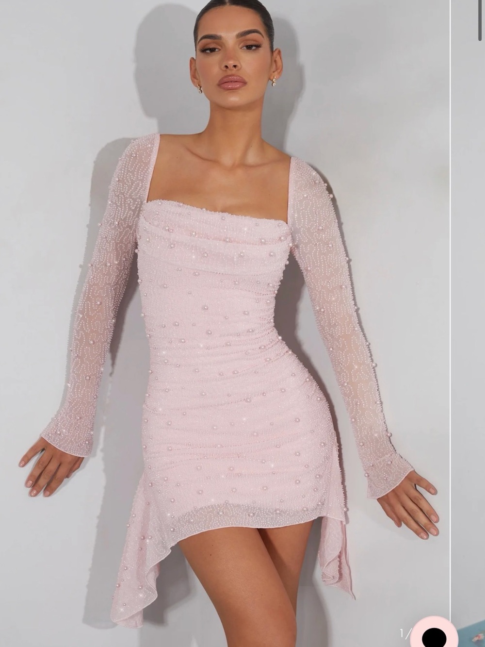 Women's Pink Pearl-Embellished Long Sleeve Mini Dress